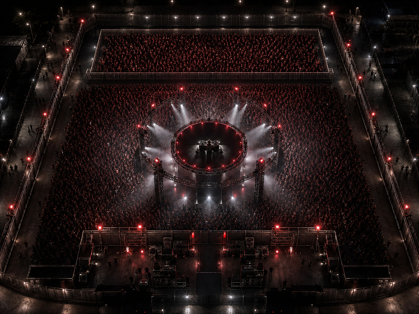 Vista 3D da arena BTF: palco 360° no centro, front stage à frente, backstage atrás e pista em volta